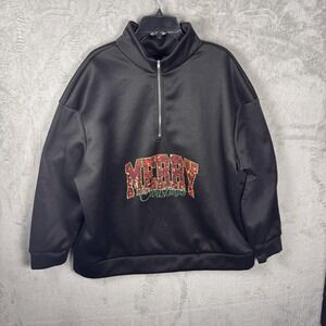 Merry‎ Christmas Sweatshirt Mens 3XL Black Quarter Zip Holiday Pullover